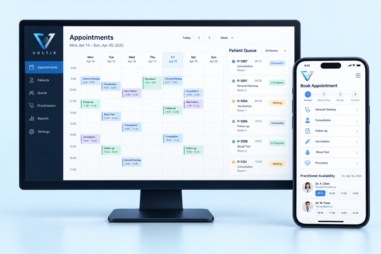 Voltix Clinic & healthcare concept showing a management system and mobile app