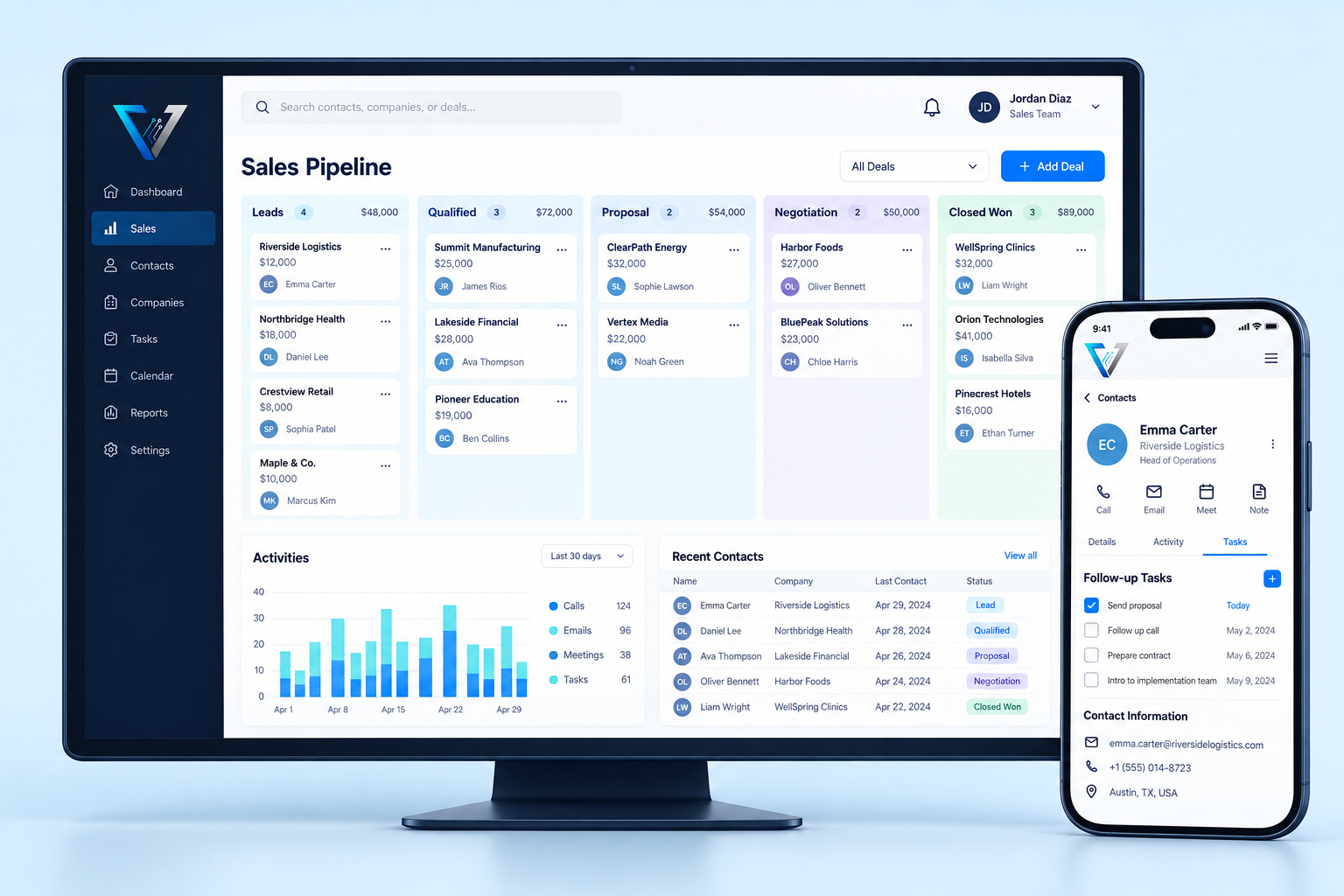 Voltix CRM & sales concept showing a management system and mobile app