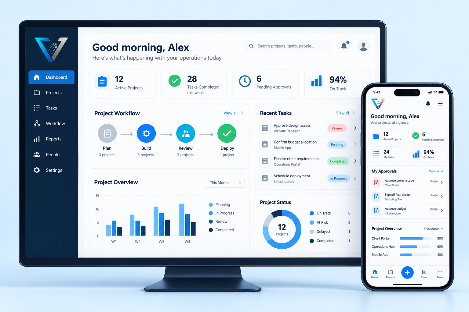 Voltix Custom business system concept showing a management system and mobile app