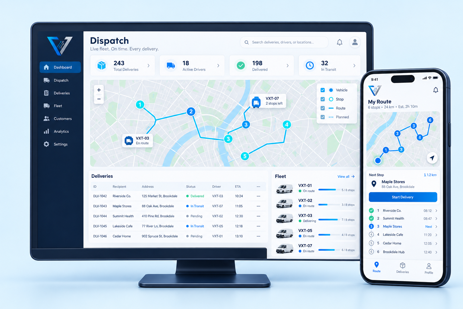 Voltix Delivery & logistics concept showing a management system and mobile app