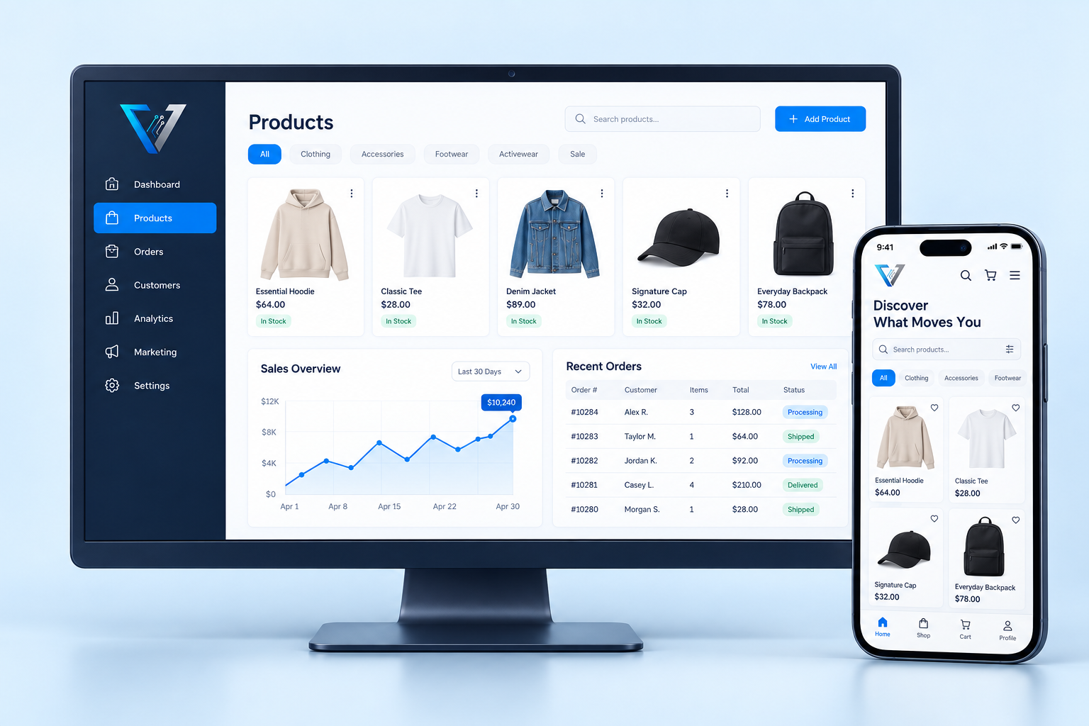 Voltix Ecommerce concept showing a management system and mobile app