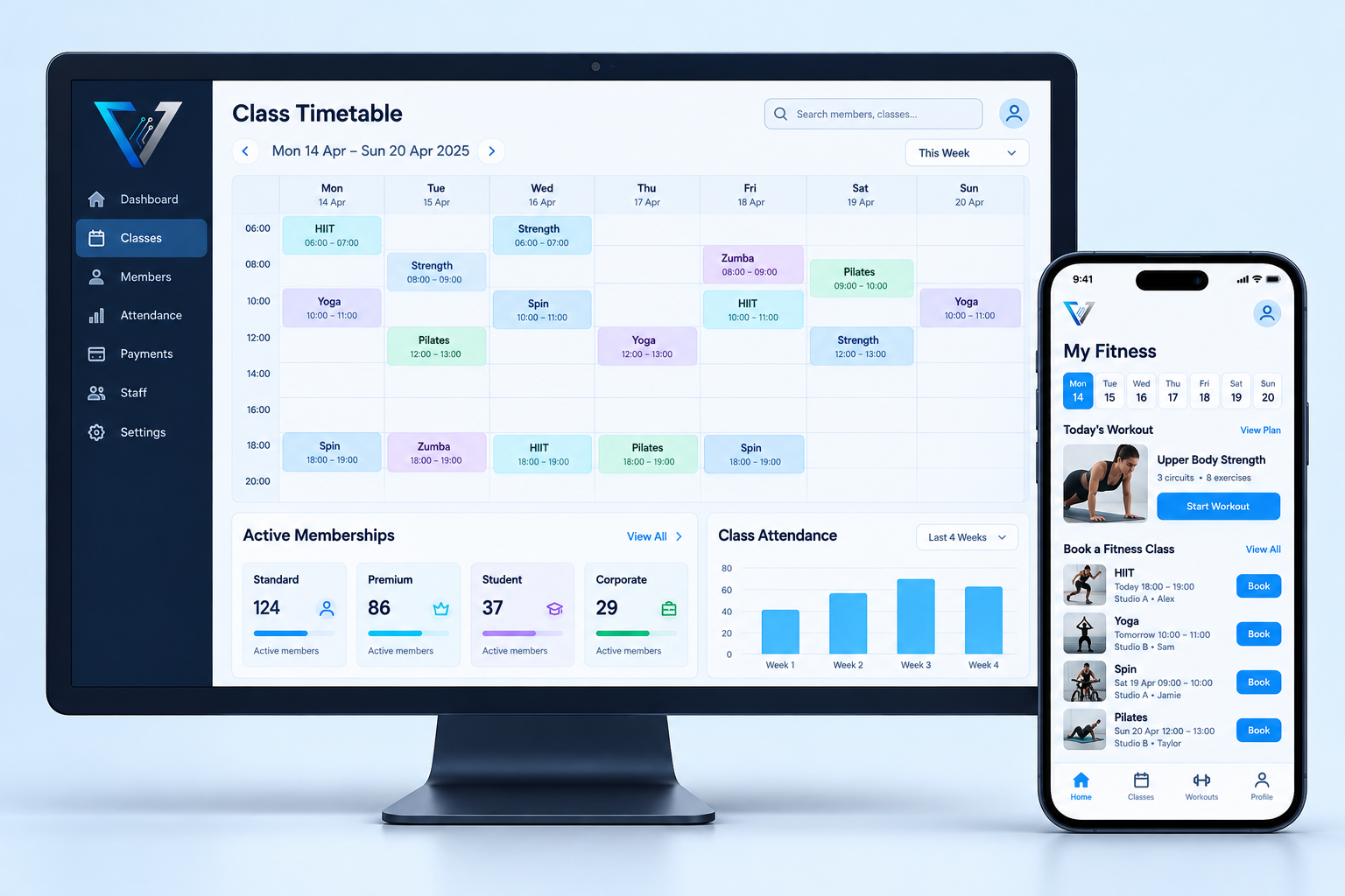 Voltix Fitness & wellness concept showing a management system and mobile app