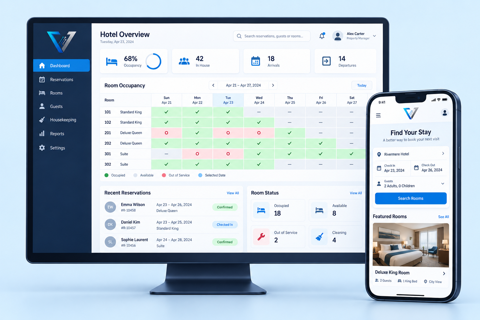 Voltix Hotel & hospitality concept showing a management system and mobile app