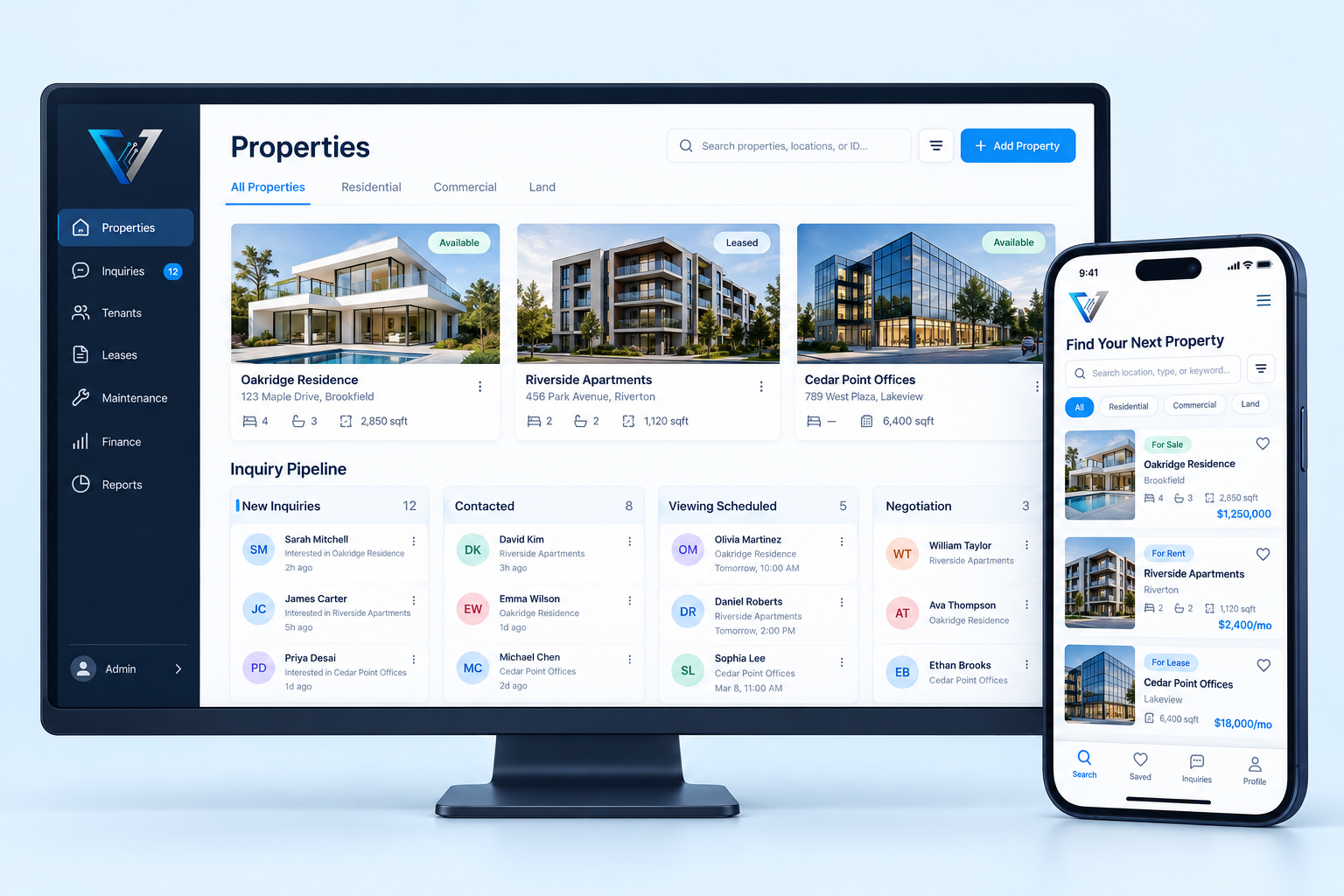 Voltix Real estate concept showing a management system and mobile app