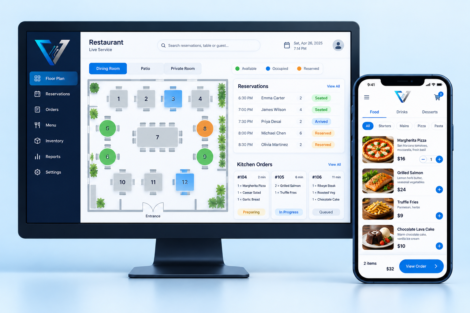 Voltix Restaurant concept showing a management system and mobile app