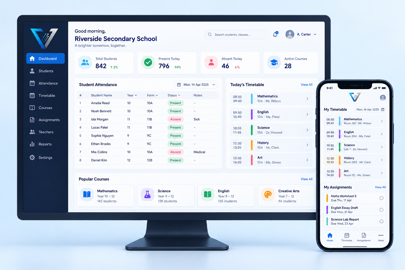 Voltix School & learning concept showing a management system and mobile app